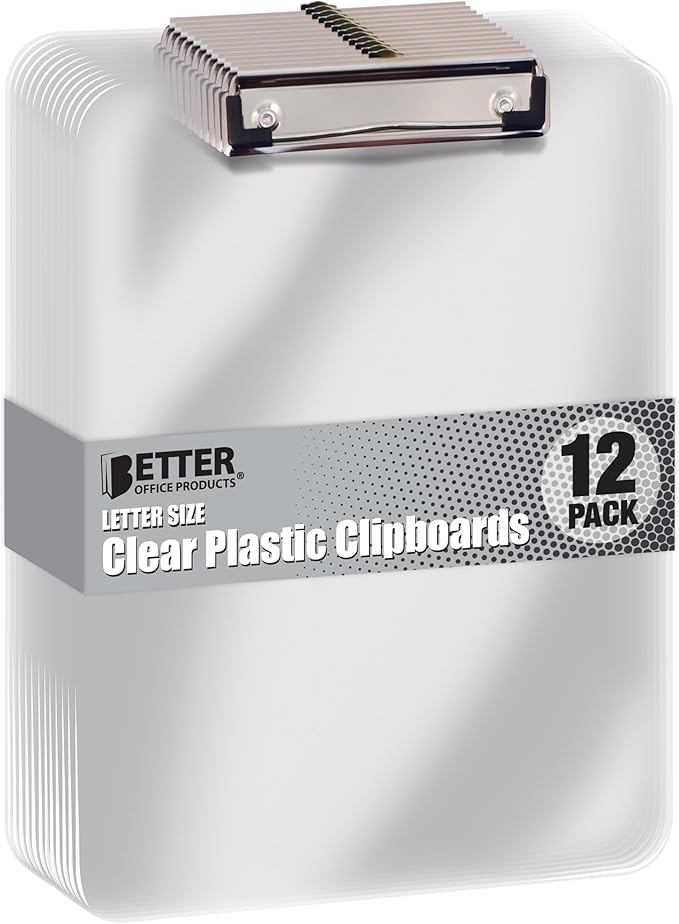 Better Office Products Clear Plastic Clipboards, 12 Pack, Durable, 12.5 x 9 Inch, Low Profile Clip, Translucent Clear, Set of 12