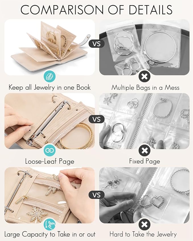 Vlando Travel Jewelry Organizer Case,Travel Gifts for Women,Portable Jewelry Storage Book Ring Binder with Clear Zipper Velvet Jewelry Pouch Bag-Silver