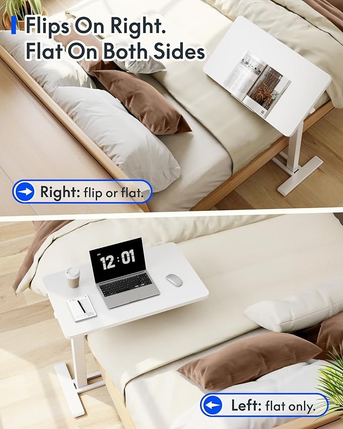 FLEXISPOT H7 PRO Mobile Standing Desk Adjustable Overbed Table Pneumatic with Wheels 90°Tiltable Portable Laptop Desk Rolling Computer Cart Foldable Bedside Table(31.5" W x 17.7" D, White)