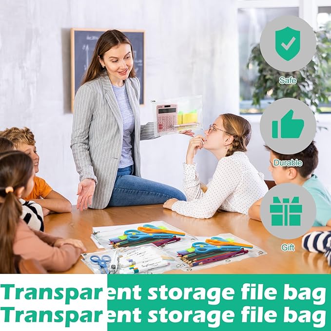 Lincia 12 Pack Clear Pencil Pouch for 3 Ring Binder Pencil Case with Zipper 3 Ring Binder Pocket Insert Bag 10 x 7'' Visible Cash Envelope with Re-enforced Grommet for Office (Clear)