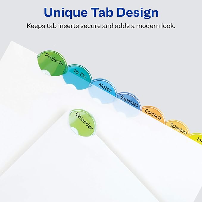 Avery Insertable Style Edge Plastic Dividers for 3 Ring Binders, 8-Tab Set, Multicolor, 1 Set (11201)