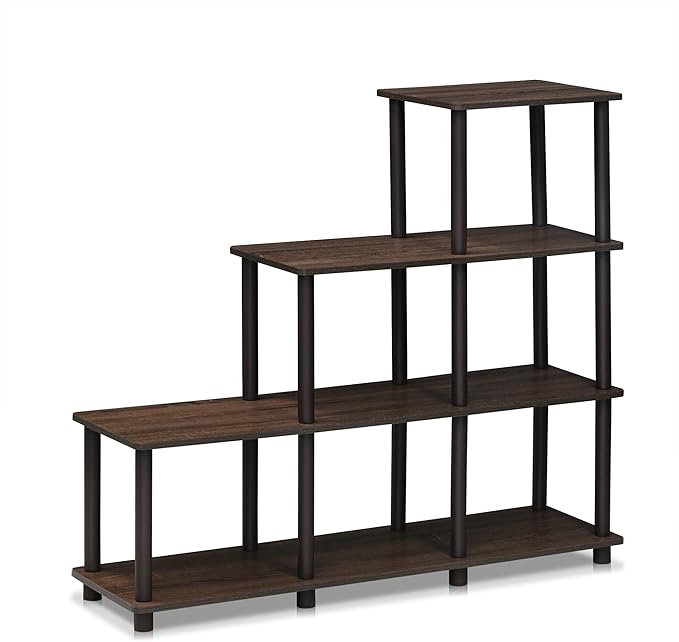 FURINNO 3 shelves, Turn-N-Tube Ladder Space Shelf, Walnut/Brown