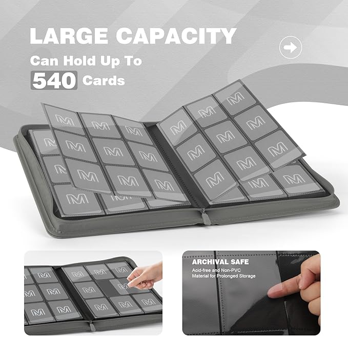 Trading Card Binder with 9 Side Loading Pocket Card Album Hold Up to 540 Cards PU Card Collection Binder, Collectible Albums Card Folder for MTG, TCG, Sports Cards（Dark grey）