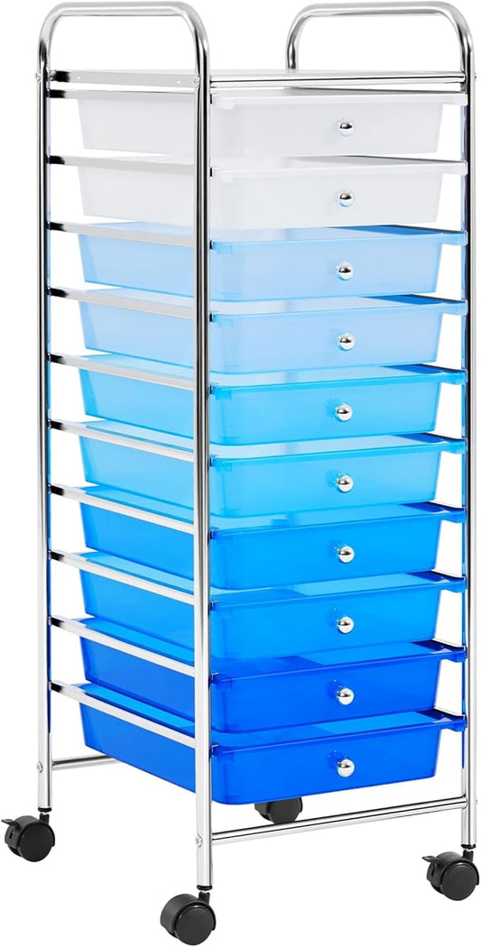 Yaheetech Rolling Cart Organizer Plastic Trolley with 10 Storage Drawers Utility Cart on Wheels Art Craft Organizer Ample Storage Space, Blue Gradient