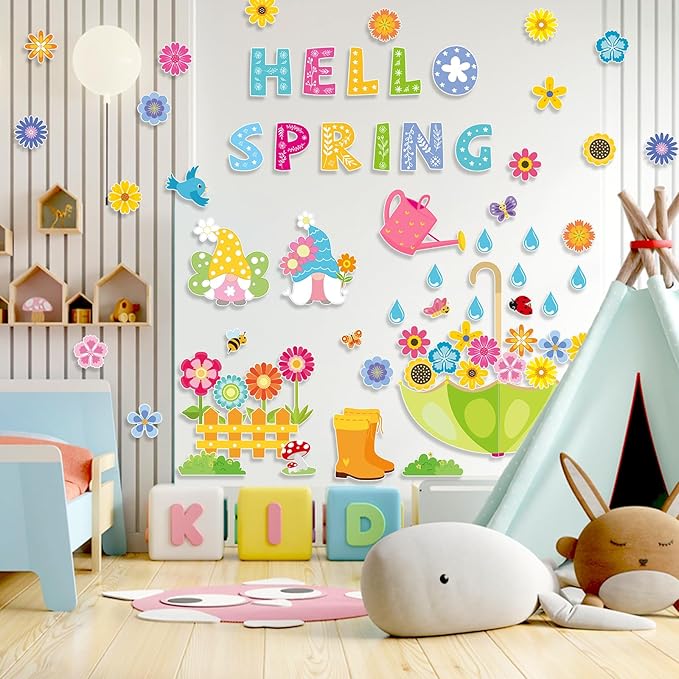 Konsait Spring Bulletin Board Decorations, 68Pcs Spring Bulletin Board Set, Big Umbrella Flowers Waterdrop Spring Cutouts for Home Office Classroom Blackboard Wall Decoration