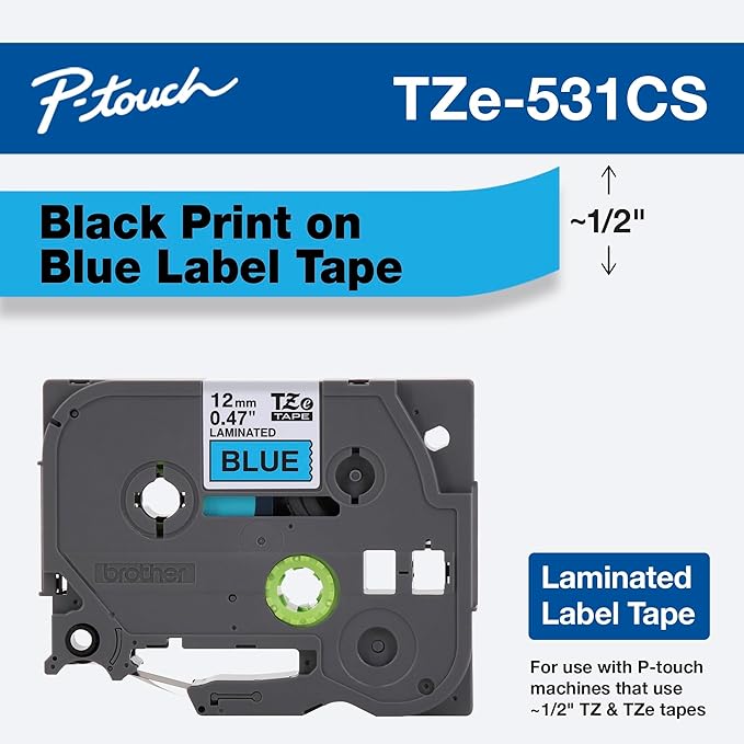 Brother Genuine P-touch, TZe-531CS, 0.47” x 26.2’, Black on Blue Laminated Label Tape