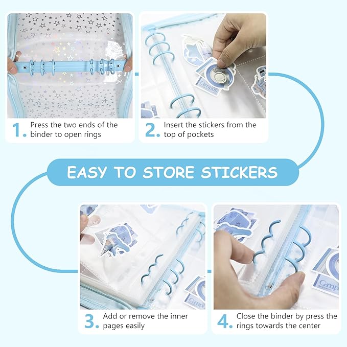 Sticker Storage Organizer Binder A5 Sticker Collecting Book Reusable Zipper Album with Clear Laser Star Cover and Pocket Pages (Blue)
