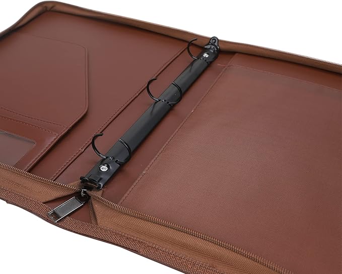 Zippered Portfolio 3 Ring Binder Organizer with Writing Pad Legal Size Letter - PU Leather Padfolio Document Organizer for Interview Business，Brown