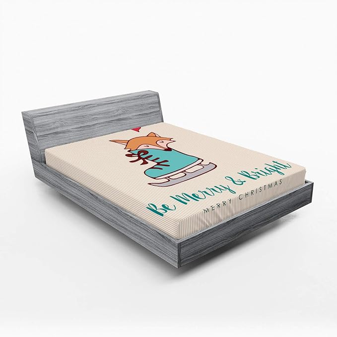 Ambesonne Christmas Fitted Sheet, Merry Calligraphy with Little Fox in Ice Skate Boot Heart on Stripes, Bed Cover with All-Round Elastic Deep Pocket for Comfort, Full Size, Beige Seafoam and Amber