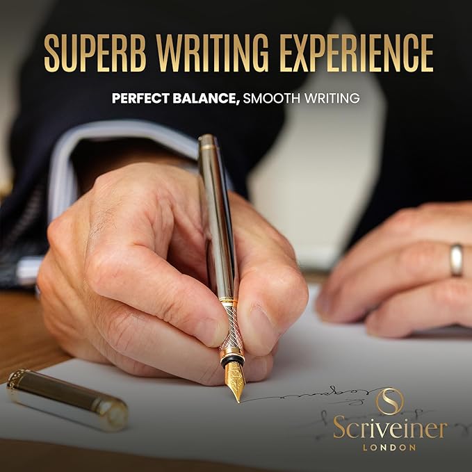 Scriveiner Silver Chrome Fountain Pen - Stunning Luxury Pen, Real Gold Finish, Schmidt Gilded Nib (Fine), Best Gift Set for Men & Women Professional Executive Office Fancy Nice Designer Pen