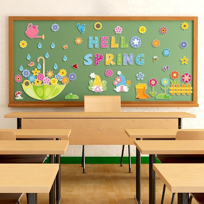 Konsait Spring Bulletin Board Decorations, 68Pcs Spring Bulletin Board Set, Big Umbrella Flowers Waterdrop Spring Cutouts for Home Office Classroom Blackboard Wall Decoration