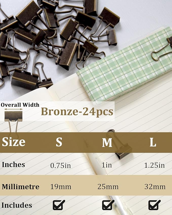 Assorted Binder Clips 0.75/1/1.25in 25-Pack - Bronze Tone Clips for Office & Home