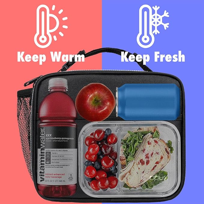 opux Insulated Lunch Bag Kids, Lunch Box for School Boy Girl, Leakproof Small Reusable Compact Soft Mini Cooler Bag, Toddler Small Lunch Boxes Kit Pail with Front Side Pockets (Black)