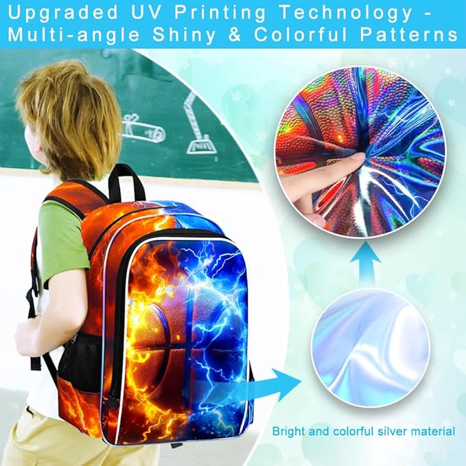 gxtvo 3PCS Boys Basketball School Backpack, 17" Kids Bookbag with Lunch Box, Water Resistant Middle Elementary School Bag - Fire & Lightning Basketball