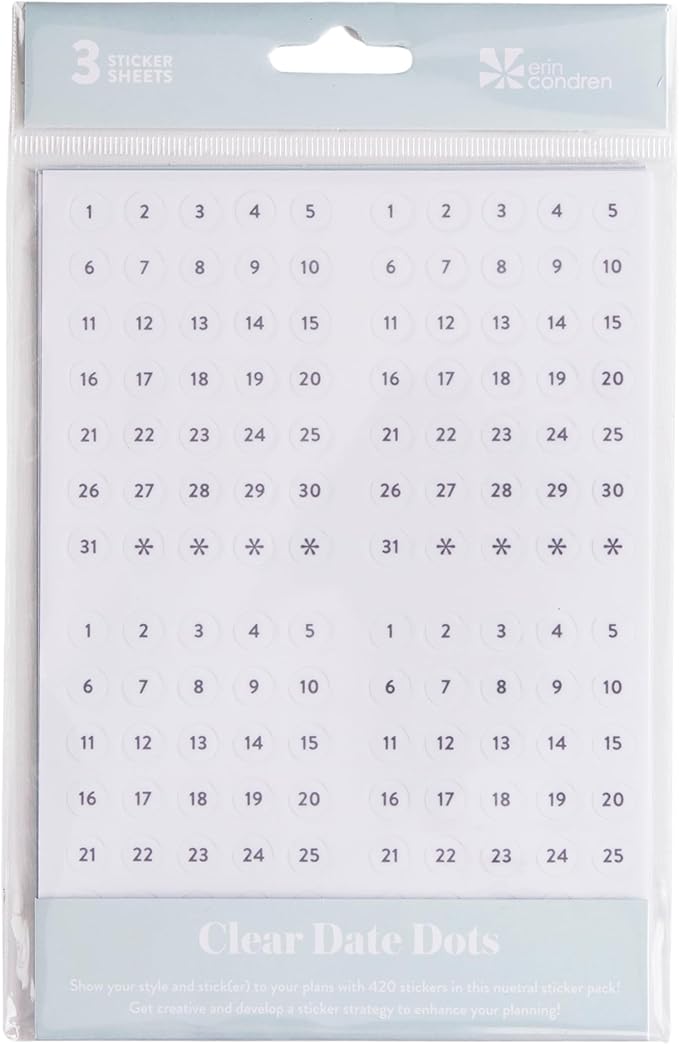 Erin Condren Colorful Calendar Date Dots, 12 Sheets of Grey and White Number Stickers for Undated Planners and Calendars, Monthly Date Dot Stickers for Easy Scheduling and Planning