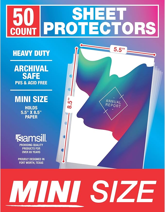 Samsill Mini Sheet Protectors 50 Pack, 5.5 x 8.5 Inch Page Protectors for Mini 3 Ring Binder, Heavy Duty, Clear Protector Sheets, 7 Hole, Top Loading, Acid Free