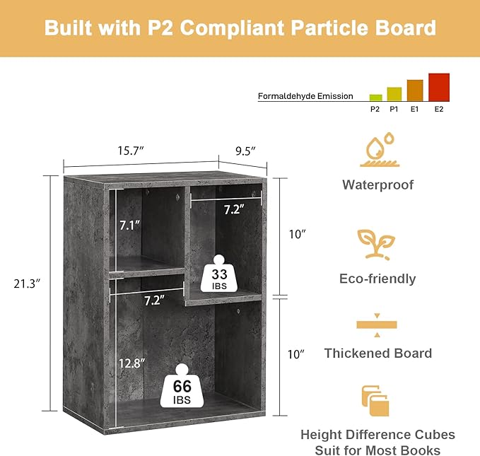 VECELO 3-Cube Small Bookshelf, Modern Bookcases with Shelves Height Up to 12.8 Inches, Suit for Common Size Textbook, Vertical or Horizontal, Cubby Storage Organizer,Gray