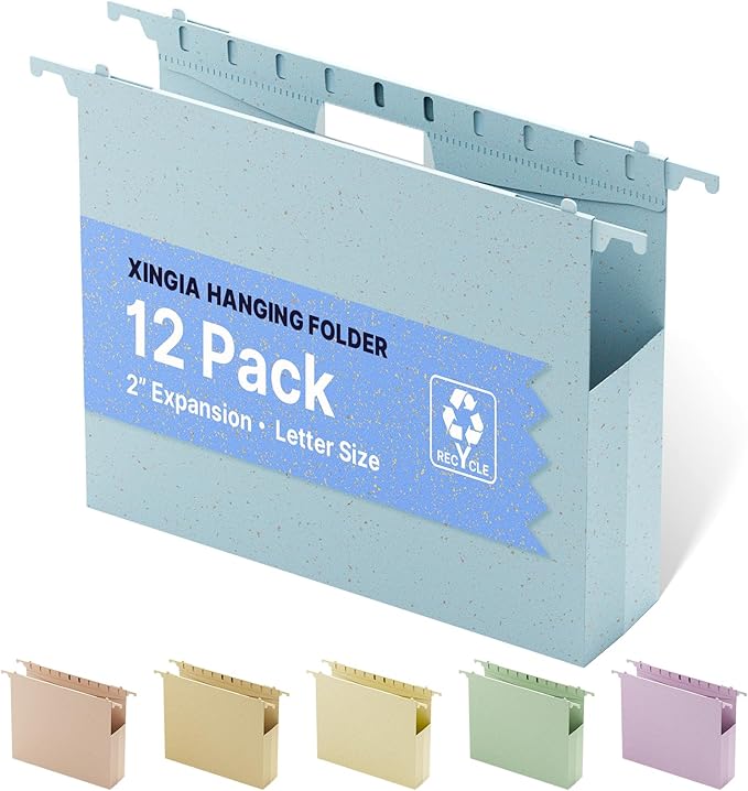 XINGIA Wheat Straw Plastic Hanging File Folders Letter Size, 2'' Expansion Extra Capacity Filing Cabinet Folders with Tabs, 12 Pack Reinforced Accordion File Organizer for Office School(Morandi Blue)