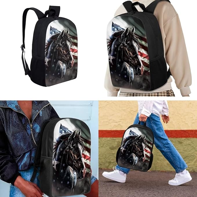 American Flag Kids Backpack Set of 3, Horse School Backpacks for Boys Elementary Middle High School with Insulated Lunch Bag Kawaii Cute Pencil Case, Black