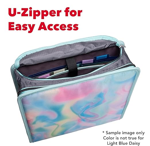 Case-it Mighty Zip Tab School Zipper Binder | 3-Inch O-Rings, 600-Sheet Capacity, 5-Subject Expanding File Folder, Multiple Pockets & Storage Organizer, Shoulder Strap | D-146 Light Blue Daisy