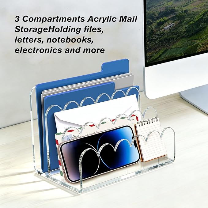 Acrylic File Mail Desktop Organizer Sorters,3 Upright Compartments Laddered, Vertical File Holder for Office/Home, Space-Saving Desk Organizer for Letters, Envelope, Bills, Stationery
