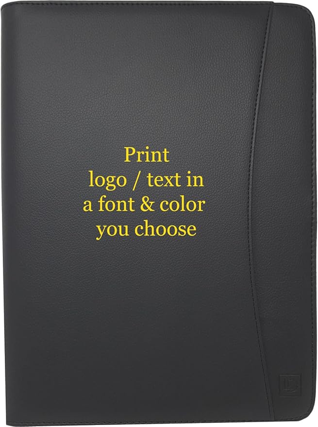 Customized Leather Portfolio Padfolio - Name/Logo Printed on Matt Black Personalized Faux Leather Business Portfolio Binder & Organizer Folder with 10.5 Inch Tablet Sleeve