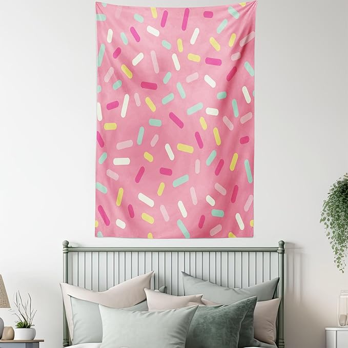 Ambesonne Pink and White Tapestry, Abstract Pattern of Colorful Donut Sprinkles Tasty Food Bakery Theme, Wall Hanging for Bedroom Living Room Dorm Decor, 40" X 60", Pink Yellow
