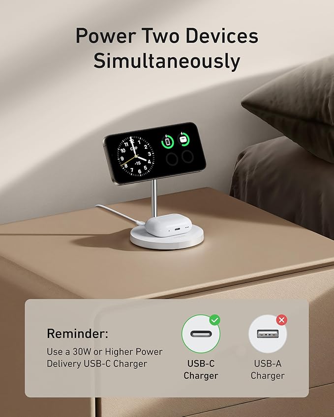 Anker MagSafe Compatible MagGo Charger Stand, iPhone 17 Wireless Charger, 2-in-1 Charging Station, Qi2 Certified 15W Fast Charging, for iPhone 17/16/15/14/13/12, AirPods Pro (White, No Adapter)