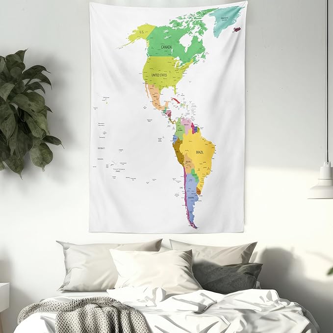Ambesonne Map Tapestry Twin Size, Map of South and North America with Countries Capitals and Major Cities Colorful Design, Wall Hanging Bedspread Bed Cover Wall Decor, 68" X 88", Green White
