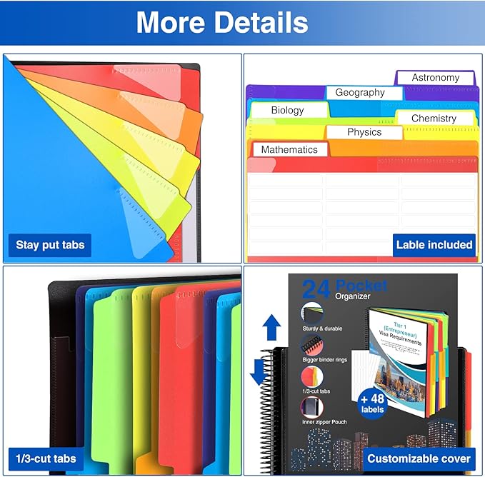 Forvencer 24 Pocket Project Organizer, 1/3-cut Tab Binder Organizer with Sticky Labels, Multi Pocket Folder with Zipper Pouch, Folder Binder Spiral Pocket Notebook, Office Supplies