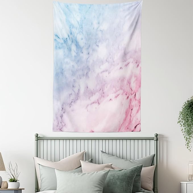 Ambesonne Marble Print Tapestry Queen Size, Pastel Toned Cloudy Crack Lines Stained Antique Shabby Design, Wall Hanging Bedspread Bed Cover Wall Decor, 88" X 88", Pink