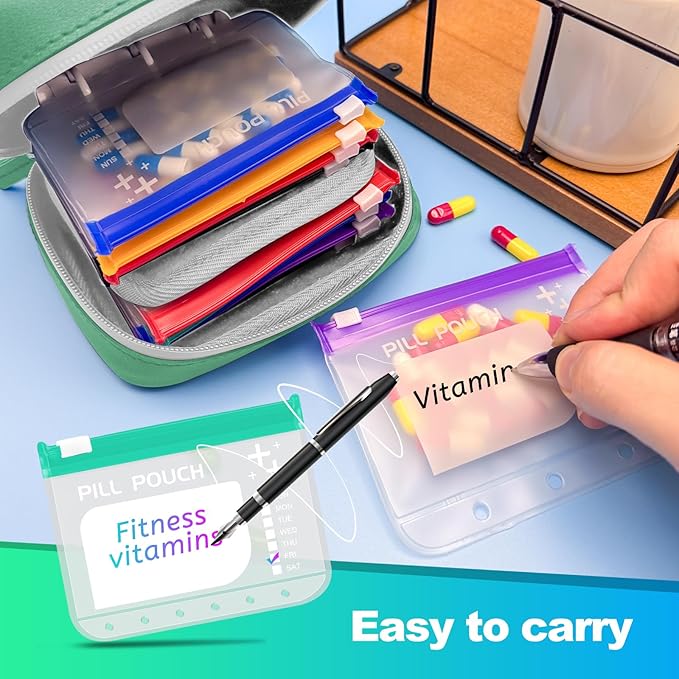 A8 Waterproof Pill Organizer Set, Twice-Daily Large Pill Organizer for Seven Days, Pill Storage with 14 Color-Coded Pouches, Reusable Travel Medicine Organizer