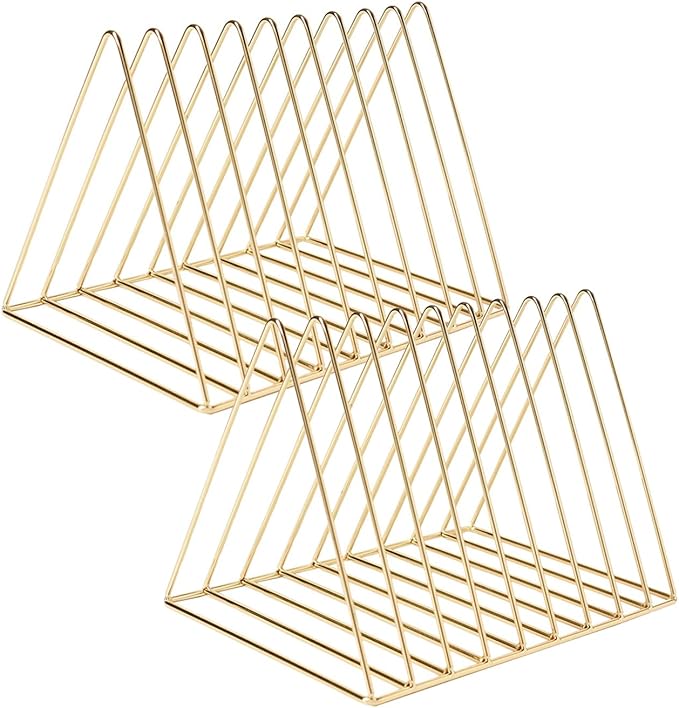Sooyee 2 Pack 9 Slot Gold Magazine Holder,Desktop File Sorter Organizer Triangle Bookshelf Decor Home Office