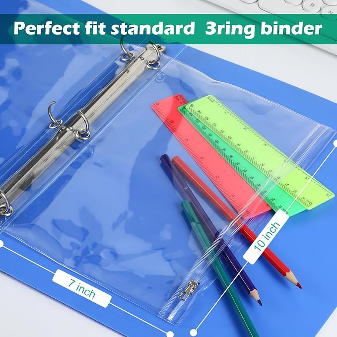 Lincia 12 Pack Clear Pencil Pouch for 3 Ring Binder Pencil Case with Zipper 3 Ring Binder Pocket Insert Bag 10 x 7'' Visible Cash Envelope with Re-enforced Grommet for Office (Clear)