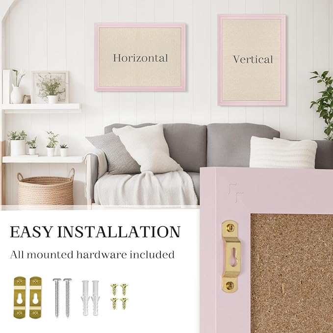 Large Cork Board with Linen, 24" x 18" Hanging Pink Wood Framed Bulletin Board, Picture Display Vision Board Corkboards for Wall Room School Office Decor, 10 Pushpins, 1 Pack
