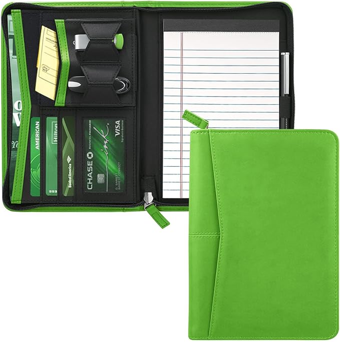 Small Portfolio Organizer, A5 Zippered Business Portfolio, Junior Padfolio Folder Binder for Women & Men, 5 x 8 Writing Pad Included,Green
