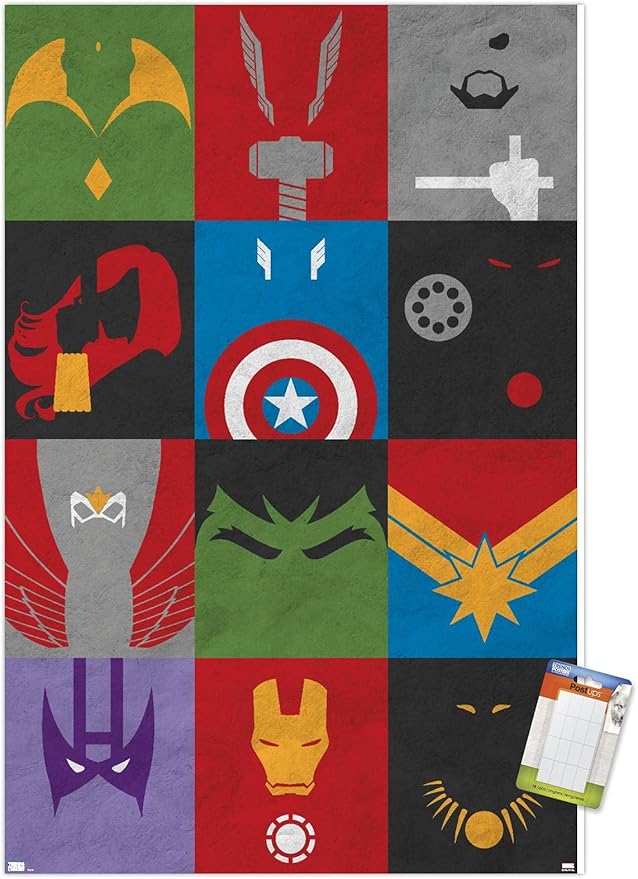 Trends International Marvel Comics - Avengers - Minimalist Grid Wall Poster, 22.375" x 34", Premium Poster & Mount Bundle
