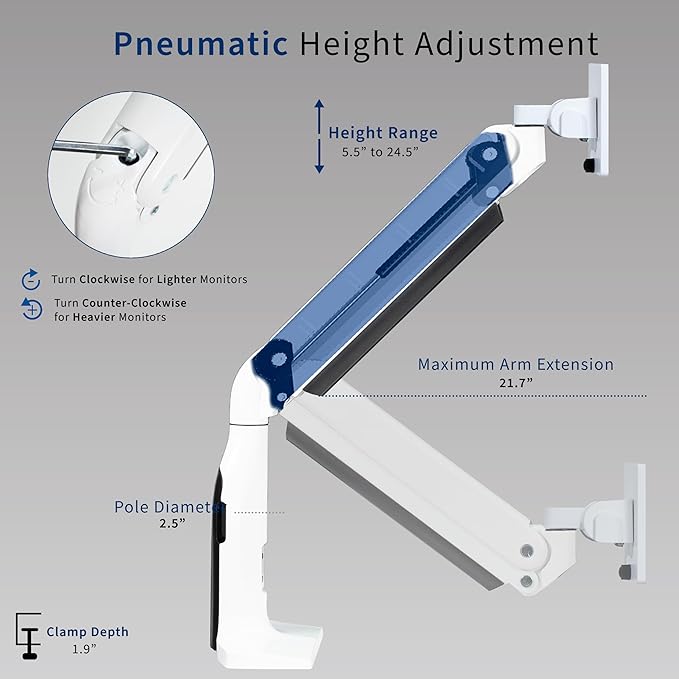 VIVO Premium Tilt Joint Ultrawide Monitor Stand, Fits up to 49 inch Computer Screens, Single Articulating Pneumatic Arm, C-Clamp and Grommet Desk Mount, Max VESA 200x100, White, STAND-V100HW