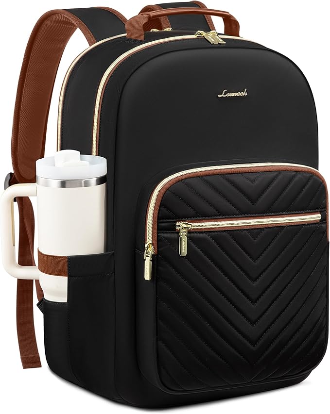LOVEVOOK Laptop Backpack for Women with Giant Tumbler Holder 15.6 inch,Designer Travel Backpack Laptop Bag College Backpack,Quilted Work Nurse Teacher Backpack Purse Computer Bag Daypack,Black Brown