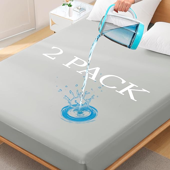 2 Pack Queen Premium Waterproof Mattress Protector, Soft Breathable Mattress Pad, Noiseless Bed Cover - Stretch to 21" Fitted Deep Pocket Mattress Protection - Light Grey