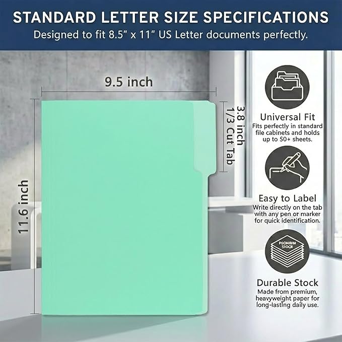 100 Packs File Folder,Light Green File Folders Letter Size,1/3-Cut Tabs,8.5x11 Inch File Folders for Office,School and Home,Organizer Documents