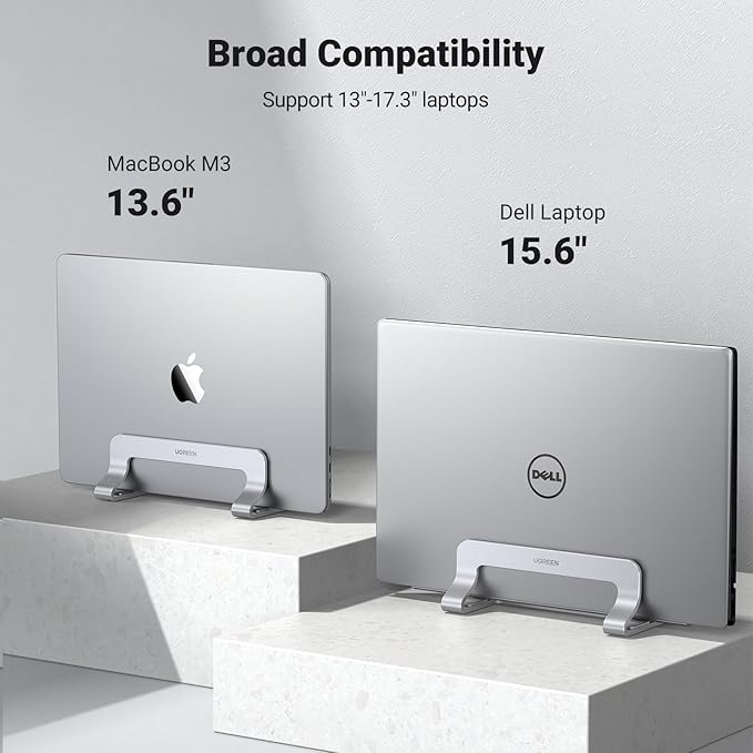 UGREEN Vertical Laptop Stand Holder for Desk Compatible with MacBook Pro, MacBook Air Stand Vertical Aluminum Adjustable for Up to 17.3 Inch Gaming Laptop, Silver
