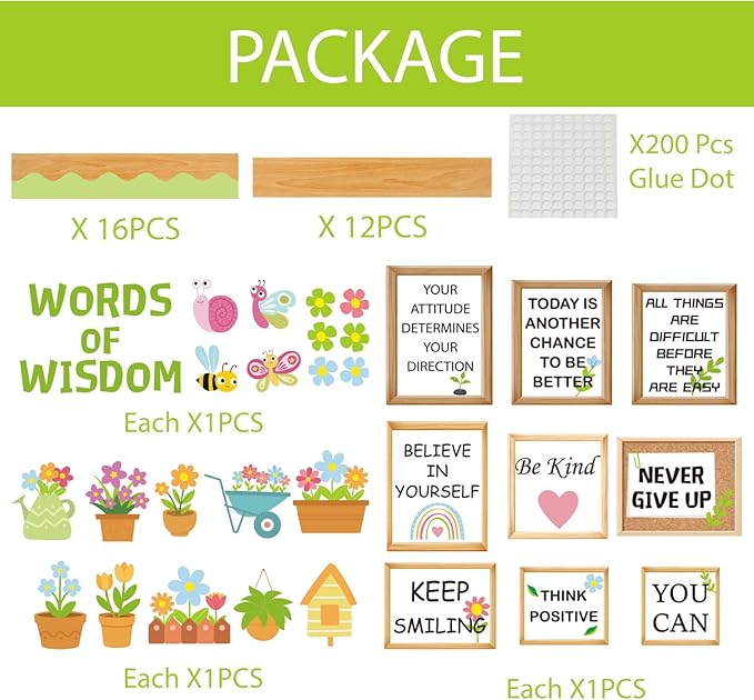 Spring Flower Bulletin Board Decorations Set Inspirational Bookshelf Classroom Decorations March April Floral Cutout Words of Wisdom Bulletin Decor with Border for Wall Door Library Home Office School