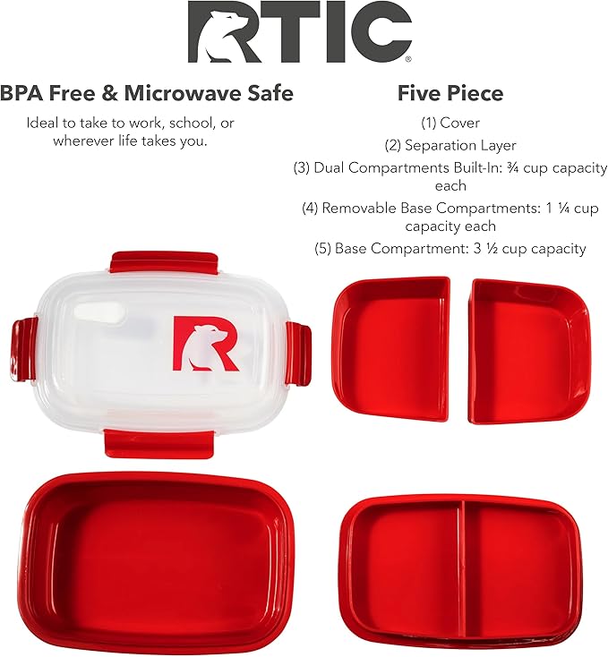RTIC 5 Compartment Lunch Containers, Hot Food Container with Lid for Adults, Microwave Safe Divided Snack Lunch Box for Work or Travel, Reusable, BPA Free with Vent Space