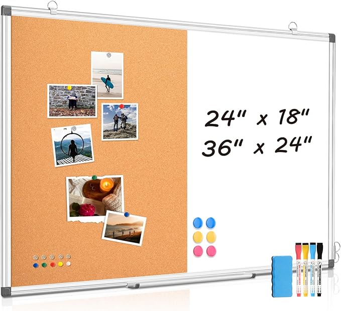 WALGLASS Combination Magnetic Whiteboard & Corkboard, 24"x18" Combo for School, Office & Home, Dry Erase Board with Removable Tray, Pins, Eraser, Markers & Magnets