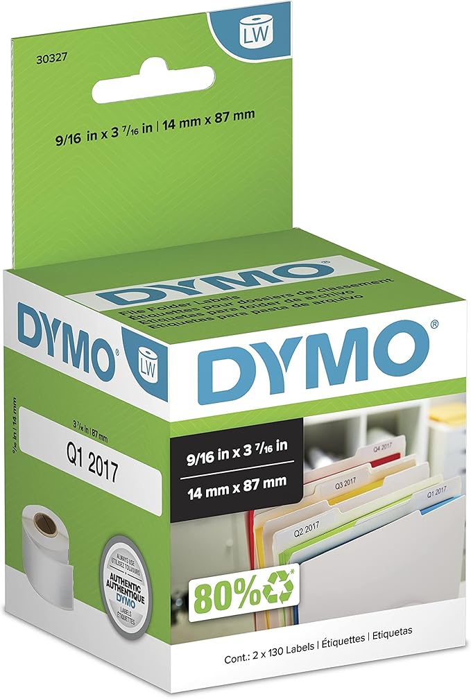 DYMO Authentic LW 1-Up File Folder Labels for LabelWriter Label Printers, White, 9/16" x 3-7/16", 2 Rolls of 130 (260 Total)