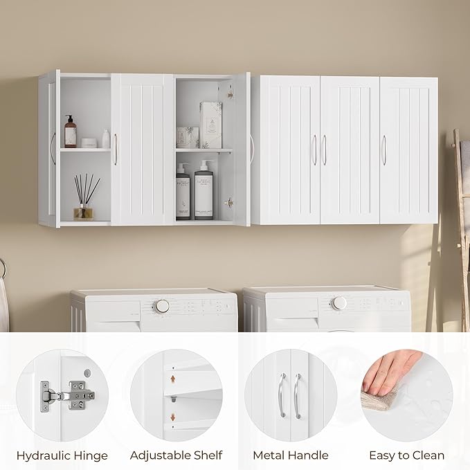 Yaheetech Bathroom Wall Cabinet with Three Doors, Medicine Cabinet with Adjustable Shelf, Hanging Storage Cupboard for Living Room, Laundry Room, Kitchen, White