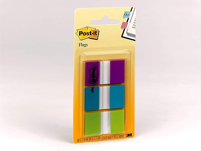 Post-it Flags, 0.94 in. x 1.7 in., One Dispenser with 20-Count Sticky Tabs in Purple, Blue and Green (60 Flags Total), Removable Page Markers for Planners, Journals, and Calendars