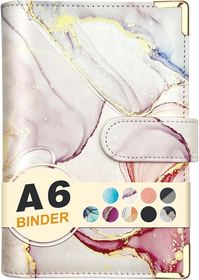A6 Refillable 6 Ring Faux Leather Budget Binder,Mini Notebook Binder Cover for A6 Filler Paper,Loose Leaf Personal Planner Cover with Magnetic Buckle Closure (Marble Pink)