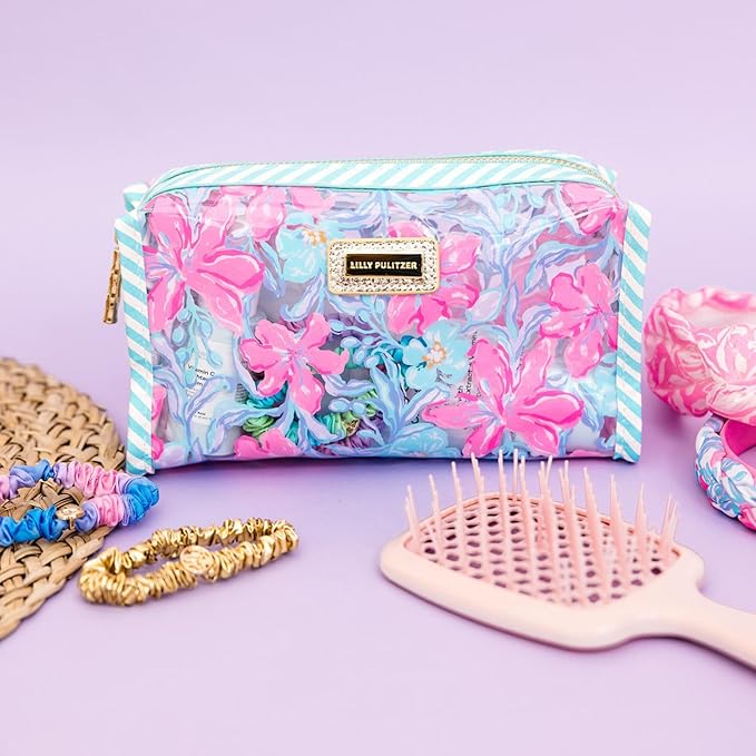 Lilly Pulitzer PVC Zipper Pouch, Cute Pencil Case for Adults, Travel Toiletry Bag, Small Pouch Bag for Supplies, Makeup or Toiletries (Beachside Haven)
